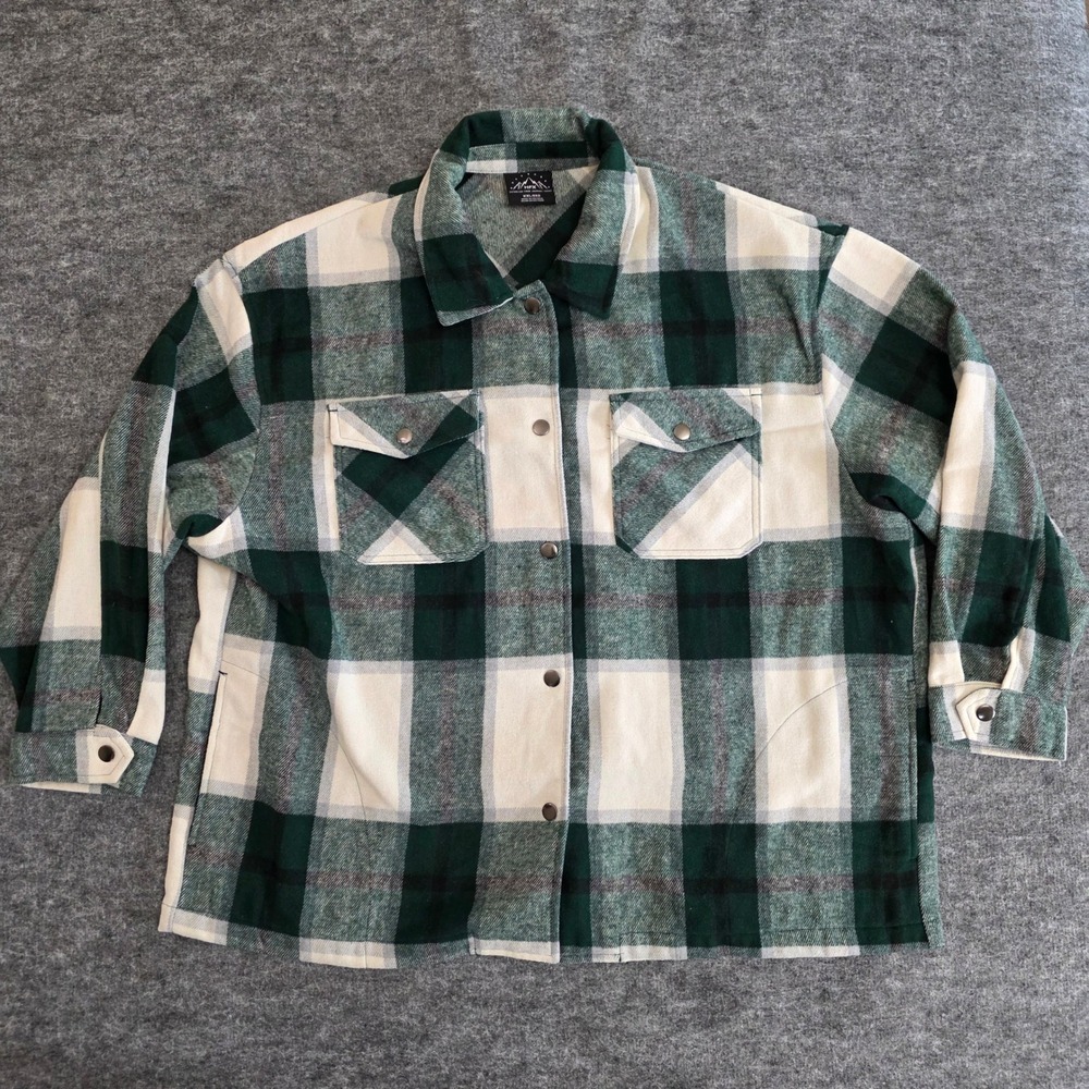 HFX Plaid Flannel Wool‎ Poly Blend Green White Shacket Sz XXL Snap Closures Fall